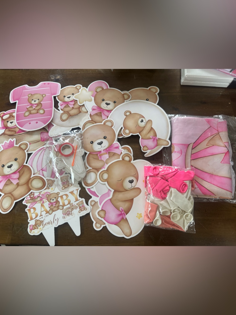 Baby Girl Bearly Wait  Teddy Bear Pink Party Shower Decoration Kit